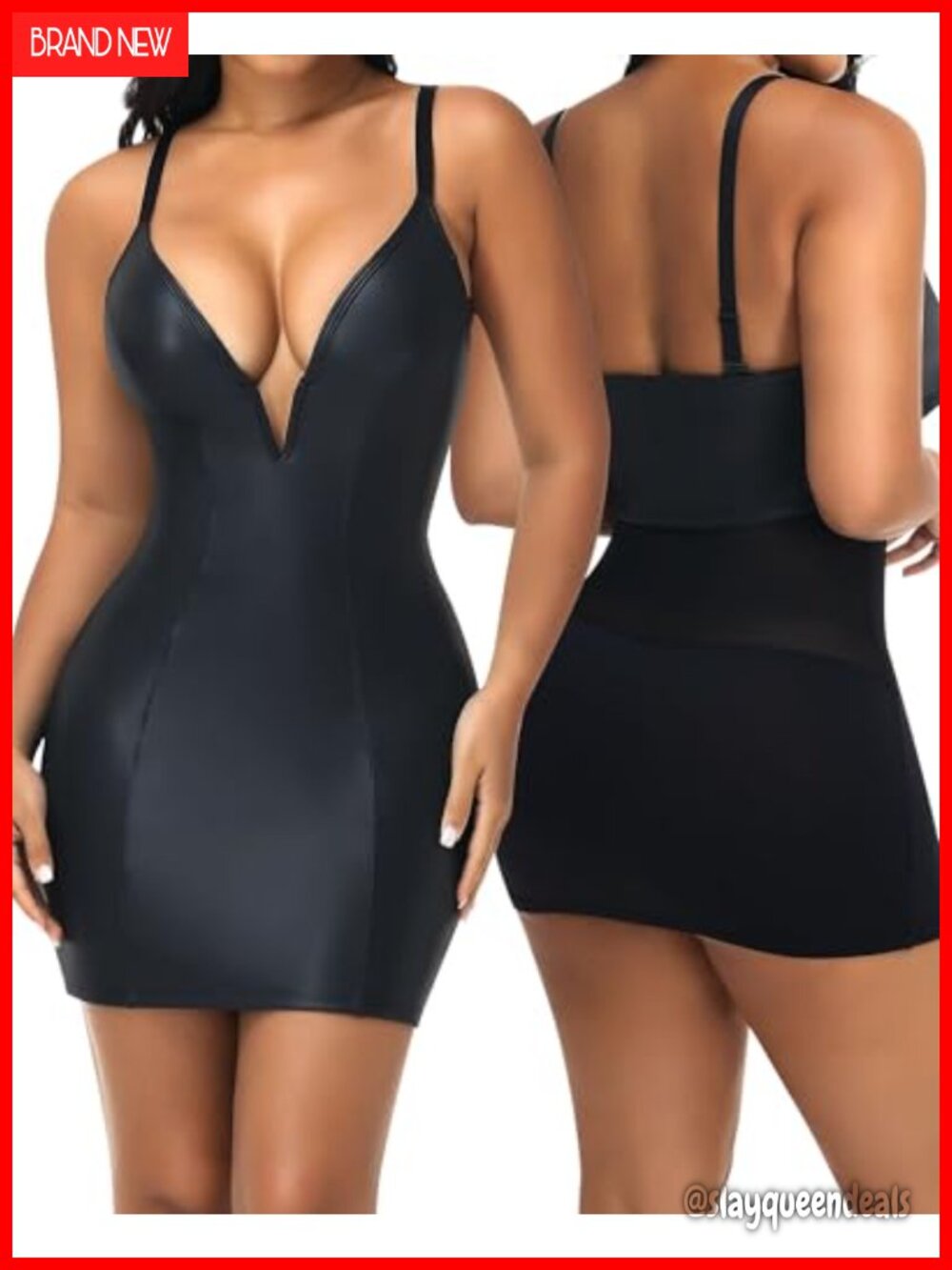 Faux Leather Deep V Neck Built-in Shapewear Bodycon Mini Dress
